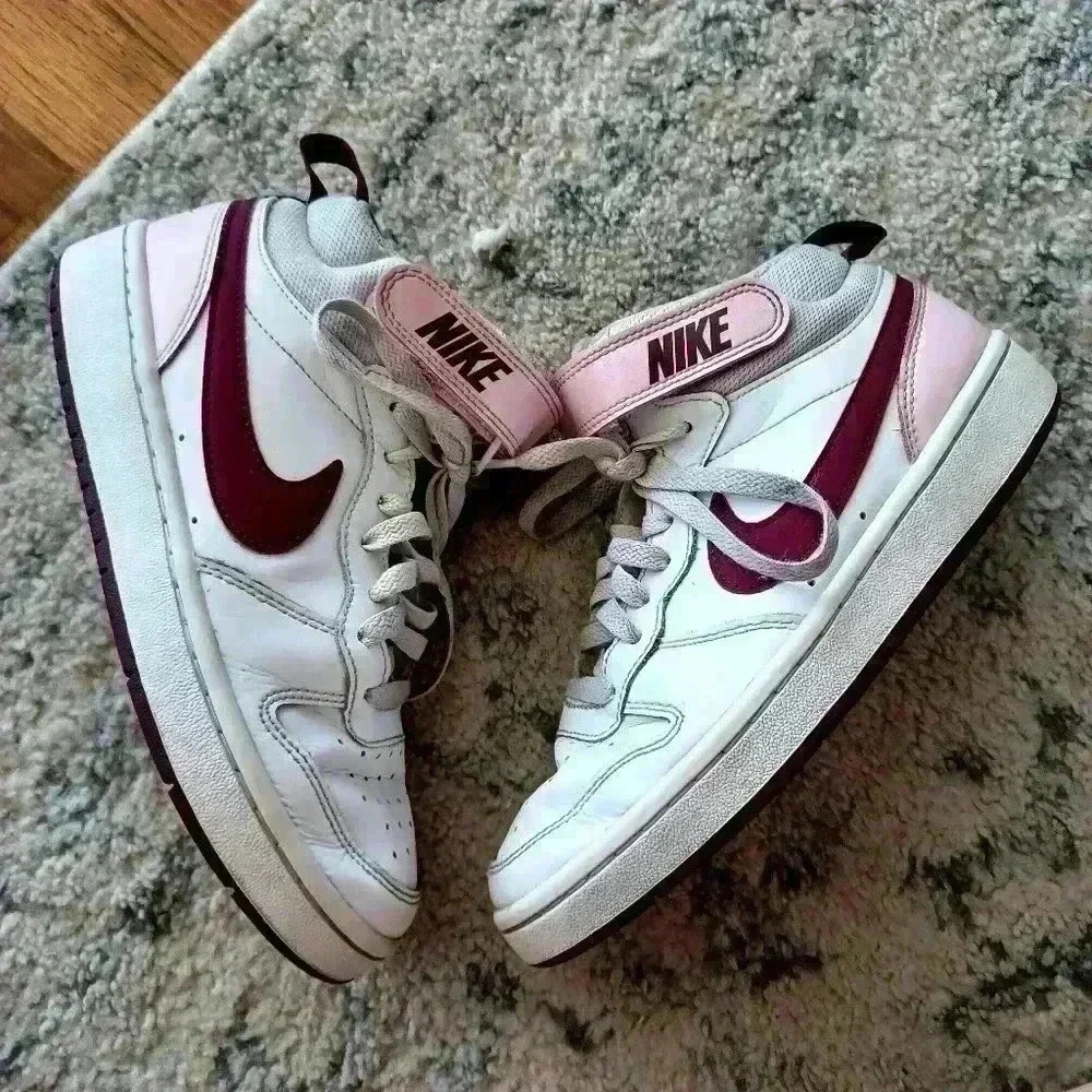 Nike Youth Court Borough Mid 2 White, Pink, and Burgundy Sneaker 4.5 Y
